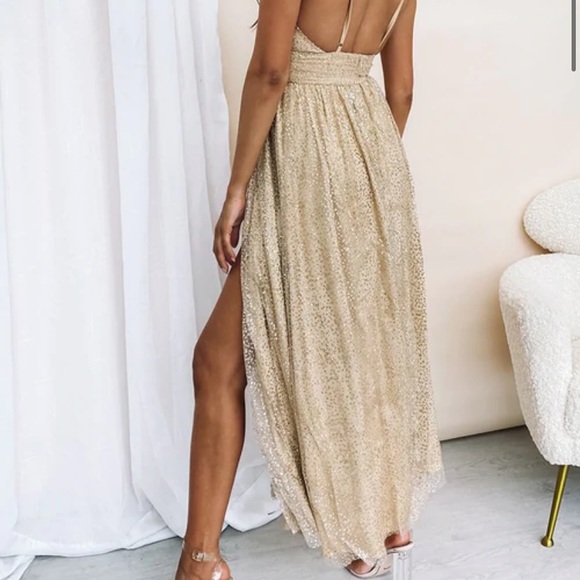 Gold Shimmer High Slit Maxi Dress - Picture 2 of 6